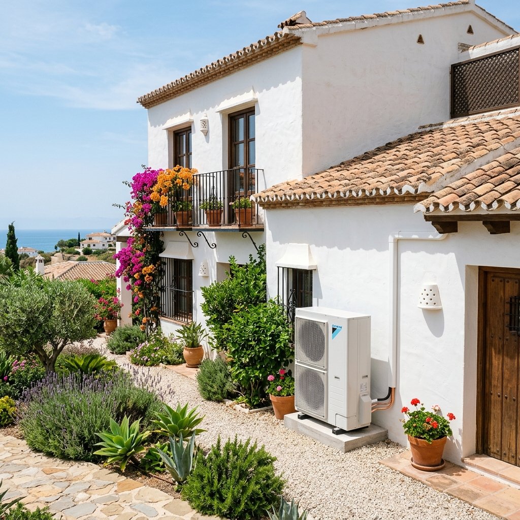 Sistema de aerotermia instalado en vivienda reformada en clima mediterráneo