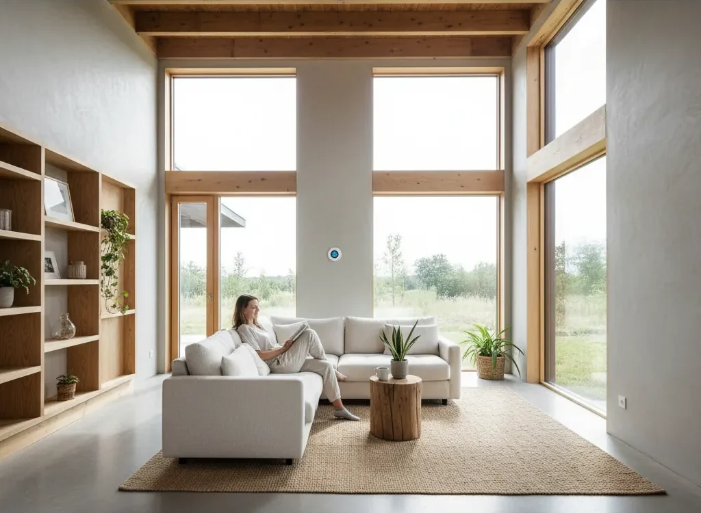 Interior luminoso y confortable de una vivienda con principios de arquitectura sostenible, optimizando la luz natural y la eficiencia energética para el ahorro en facturas.