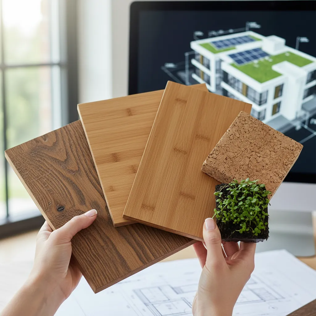 Muestras de materiales innovadores para arquitectura sostenible, como madera reciclada y aislamiento ecológico, utilizados en la construcción eficiente de edificios.