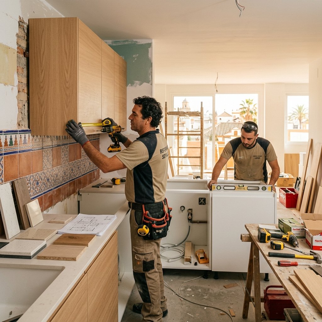 Instalación de muebles de cocina durante reforma integral en Madrid