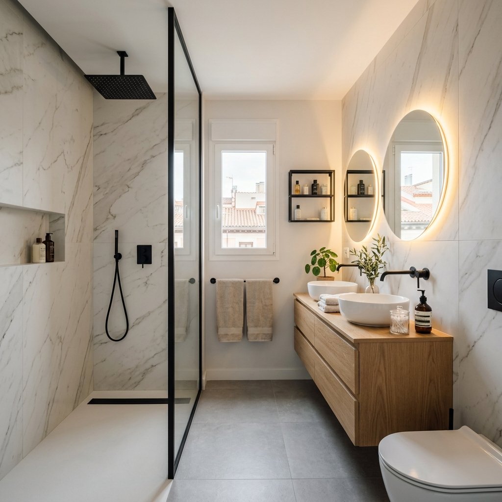 Baño moderno reformado en Madrid con ducha y mampara