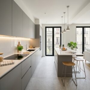 Cocina moderna reformada en Madrid con encimera de cuarzo y muebles sin tiradores