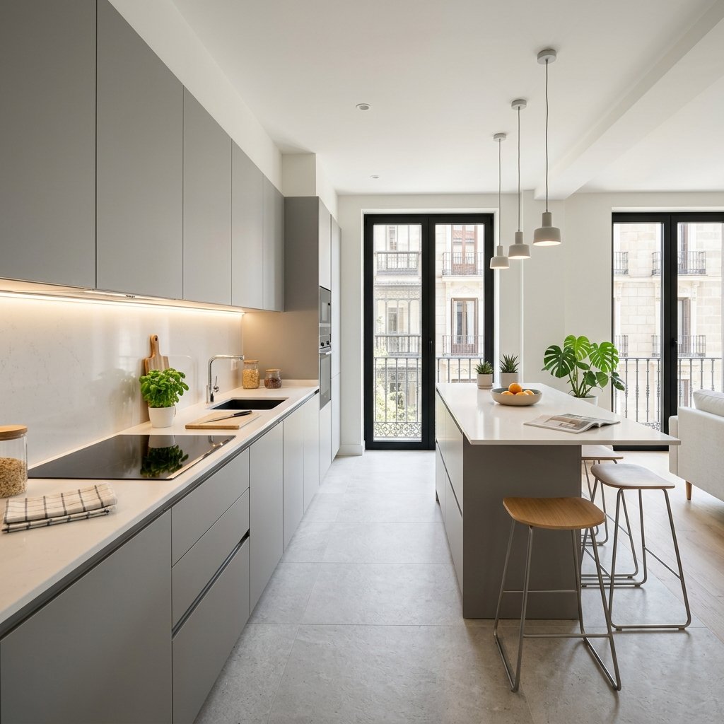 Cocina moderna reformada en Madrid con encimera de cuarzo y muebles sin tiradores