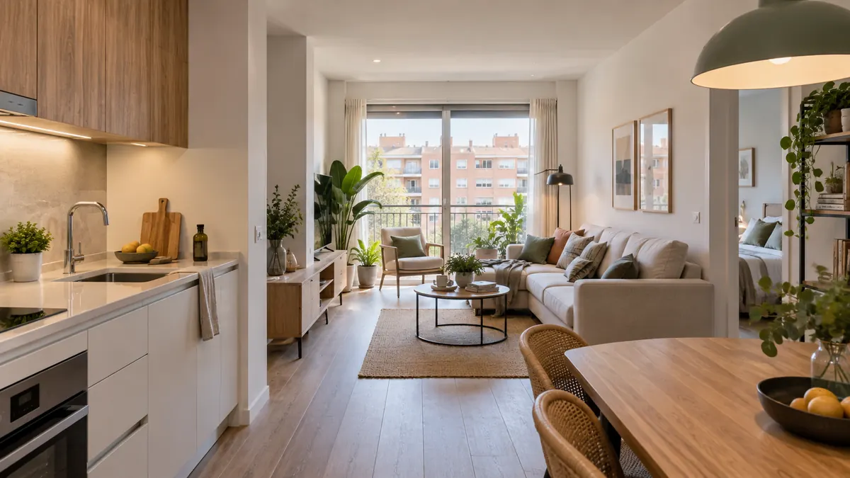 Propuesta visual de reforma integral con cocina abierta y salón para vivienda en Fuenlabrada