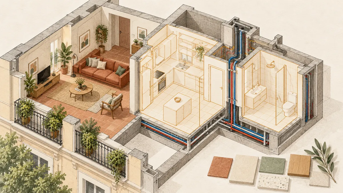 Reforma por fases en Madrid con salón terminado y cocina y baño planificados